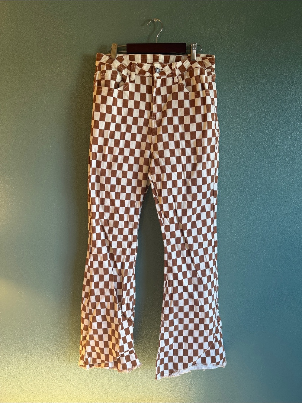 Checkerboard Boot Cut Pants in Brown & White
